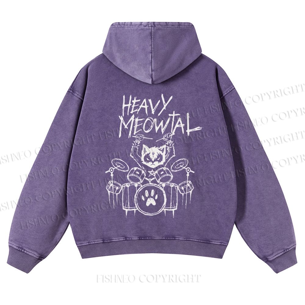 Casual Heavy Meowtal Printed Washed Hoodie