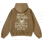 Casual Heavy Meowtal Printed Washed Hoodie