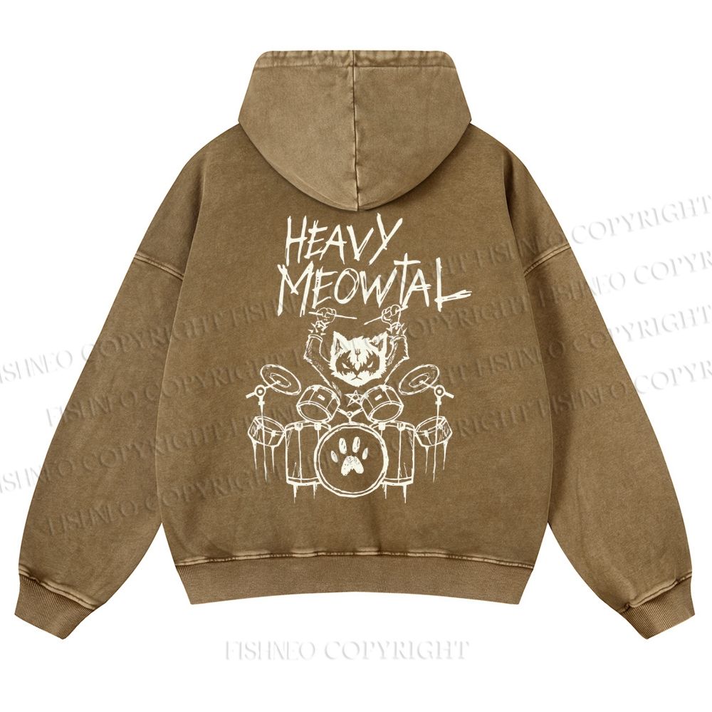 Casual Heavy Meowtal Printed Washed Hoodie