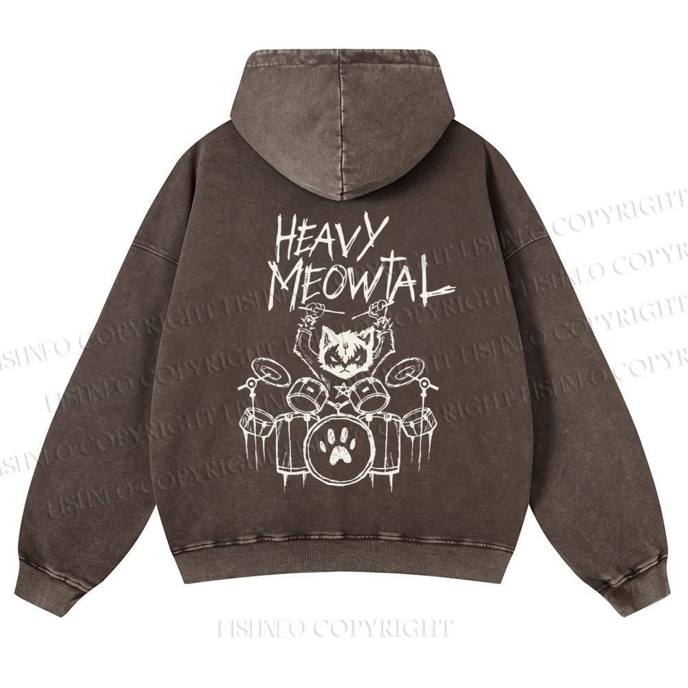 Casual Heavy Meowtal Printed Washed Hoodie