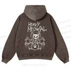 Casual Heavy Meowtal Printed Washed Hoodie