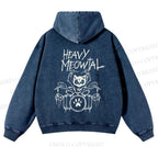 Casual Heavy Meowtal Printed Washed Hoodie
