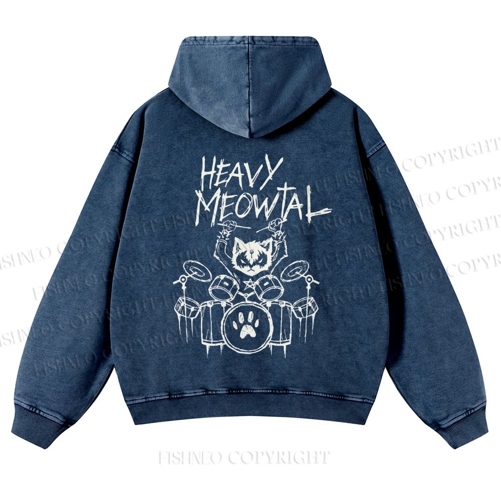 Casual Heavy Meowtal Printed Washed Hoodie