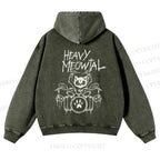 Casual Heavy Meowtal Printed Washed Hoodie