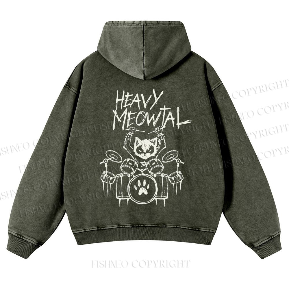 Casual Heavy Meowtal Printed Washed Hoodie