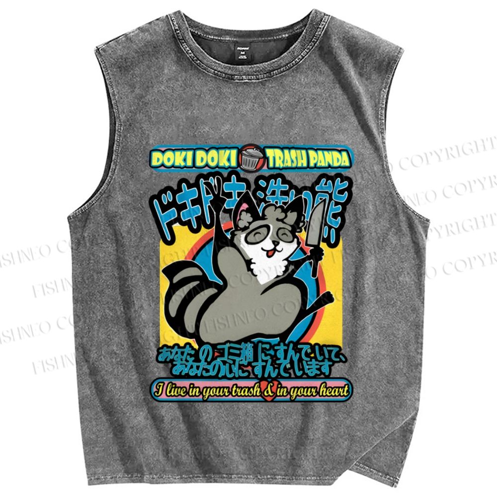 Unisex Doki Doki Trash Panda Printed Washed Tank Top