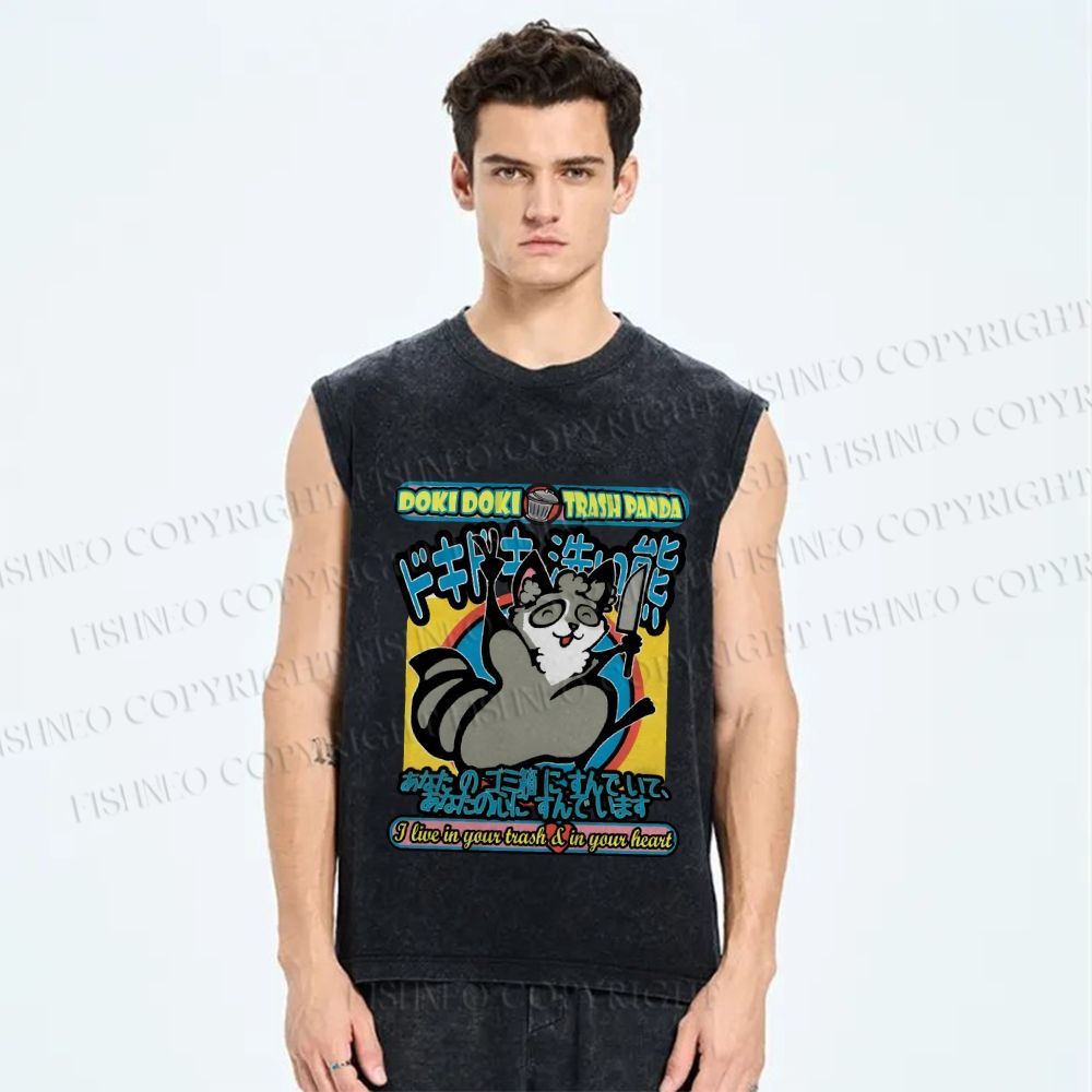 Unisex Doki Doki Trash Panda Printed Washed Tank Top