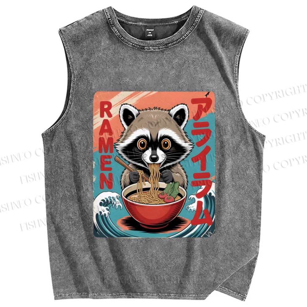 Unisex Cute Japanese Kawaii Raccoon Eating Ramen Printed Washed Tank Top