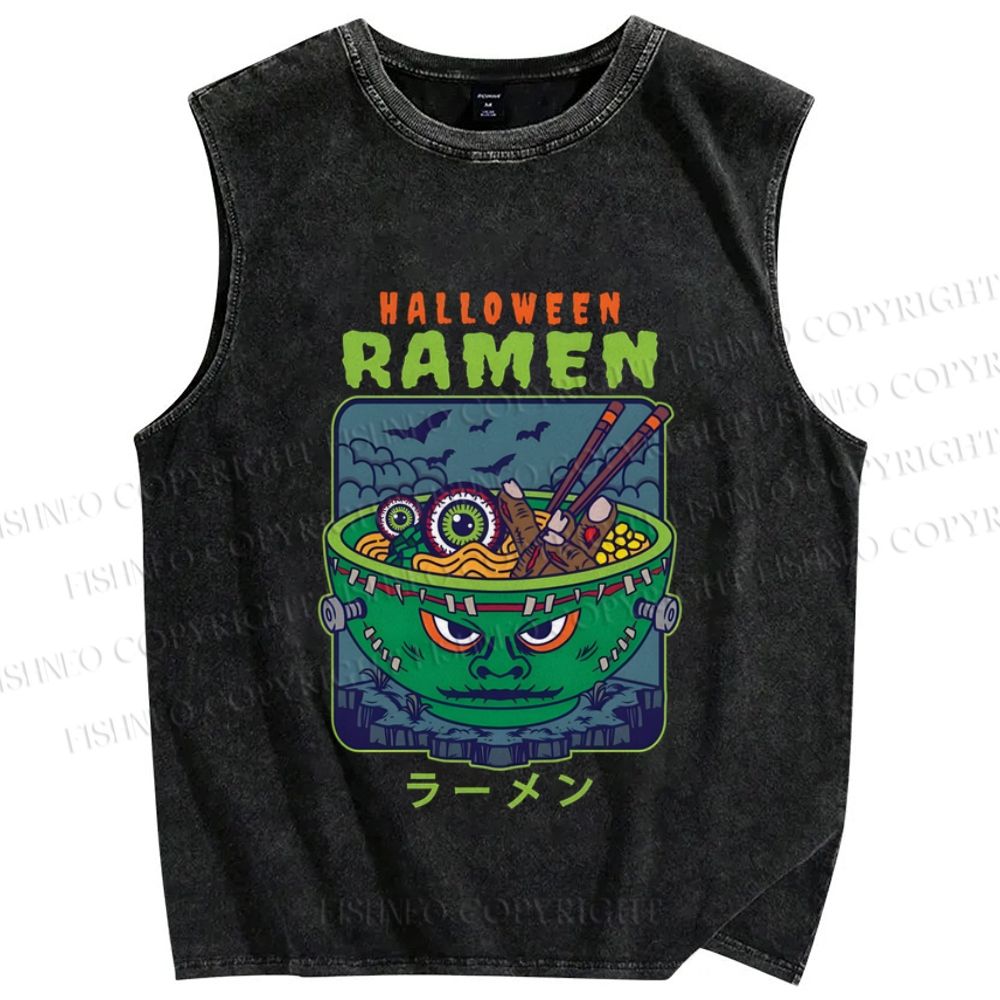 Unisex Halloween Ramen Printed Washed Tank Top