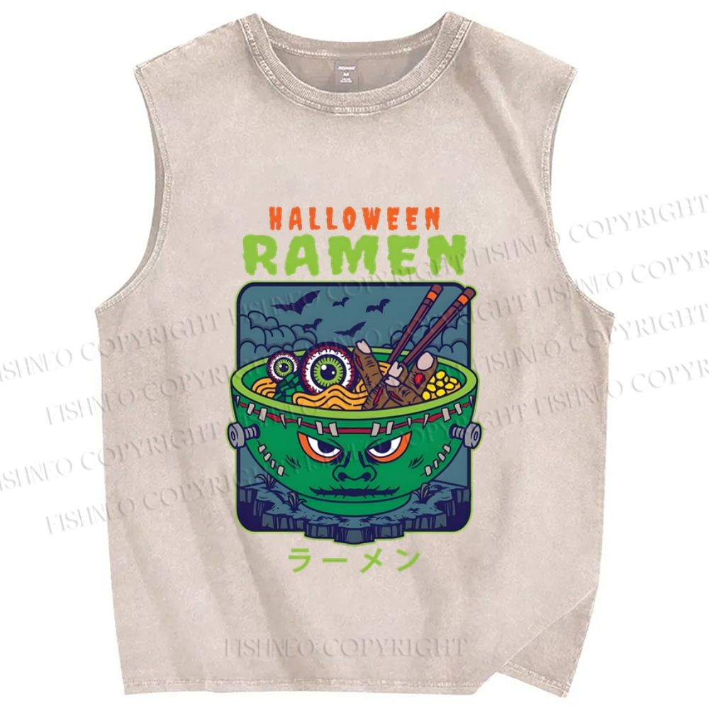 Unisex Halloween Ramen Printed Washed Tank Top