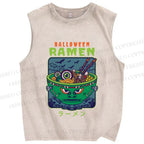 Unisex Halloween Ramen Printed Washed Tank Top