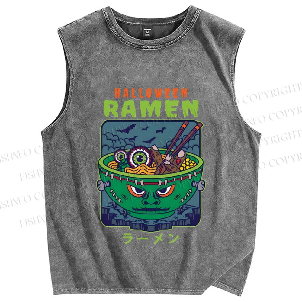 Unisex Halloween Ramen Printed Washed Tank Top
