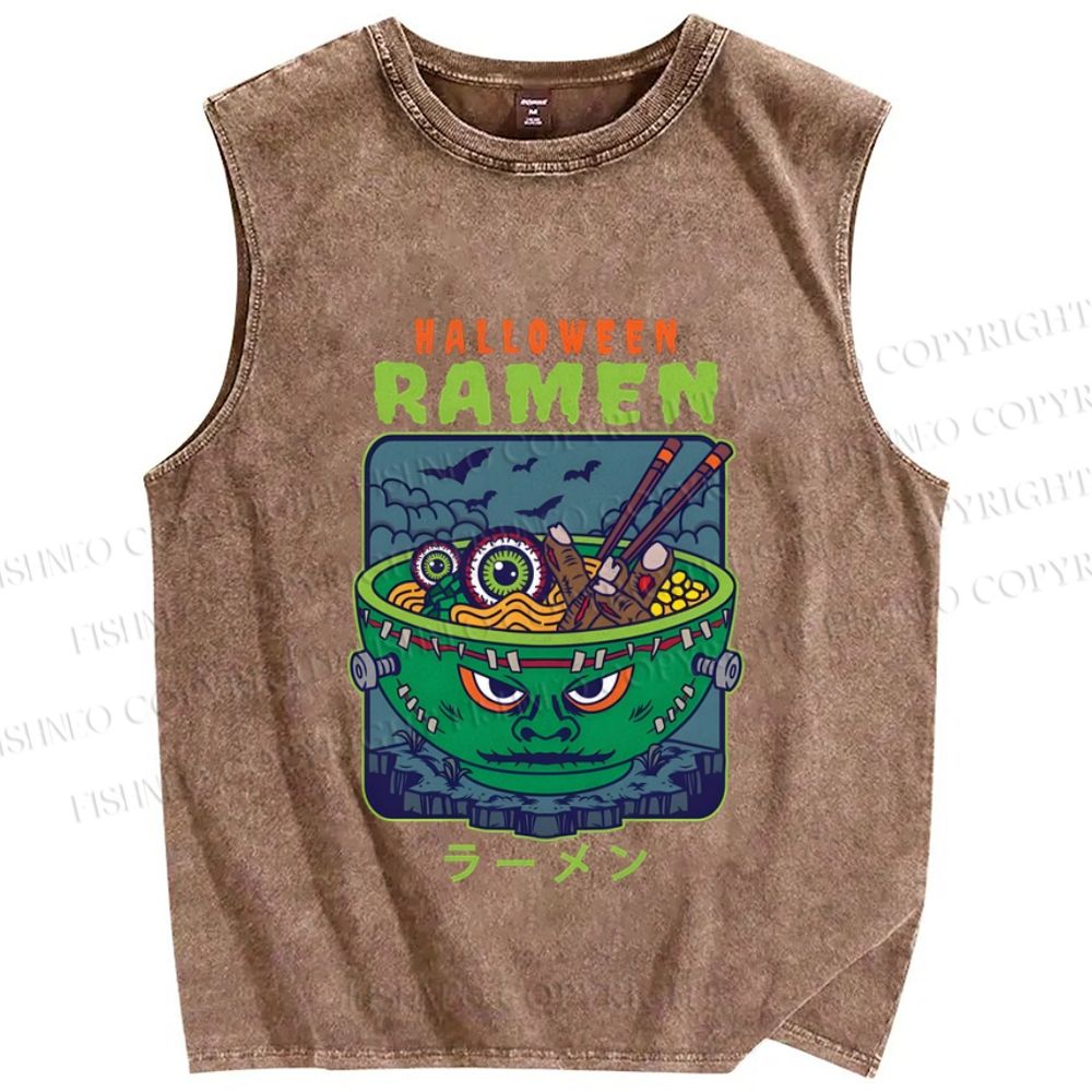 Unisex Halloween Ramen Printed Washed Tank Top
