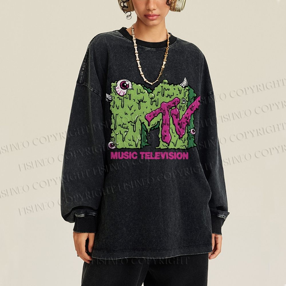 Unisex Casual Washed MUSIC TELEVISION Monster Printed Long Sleeve T-shirt