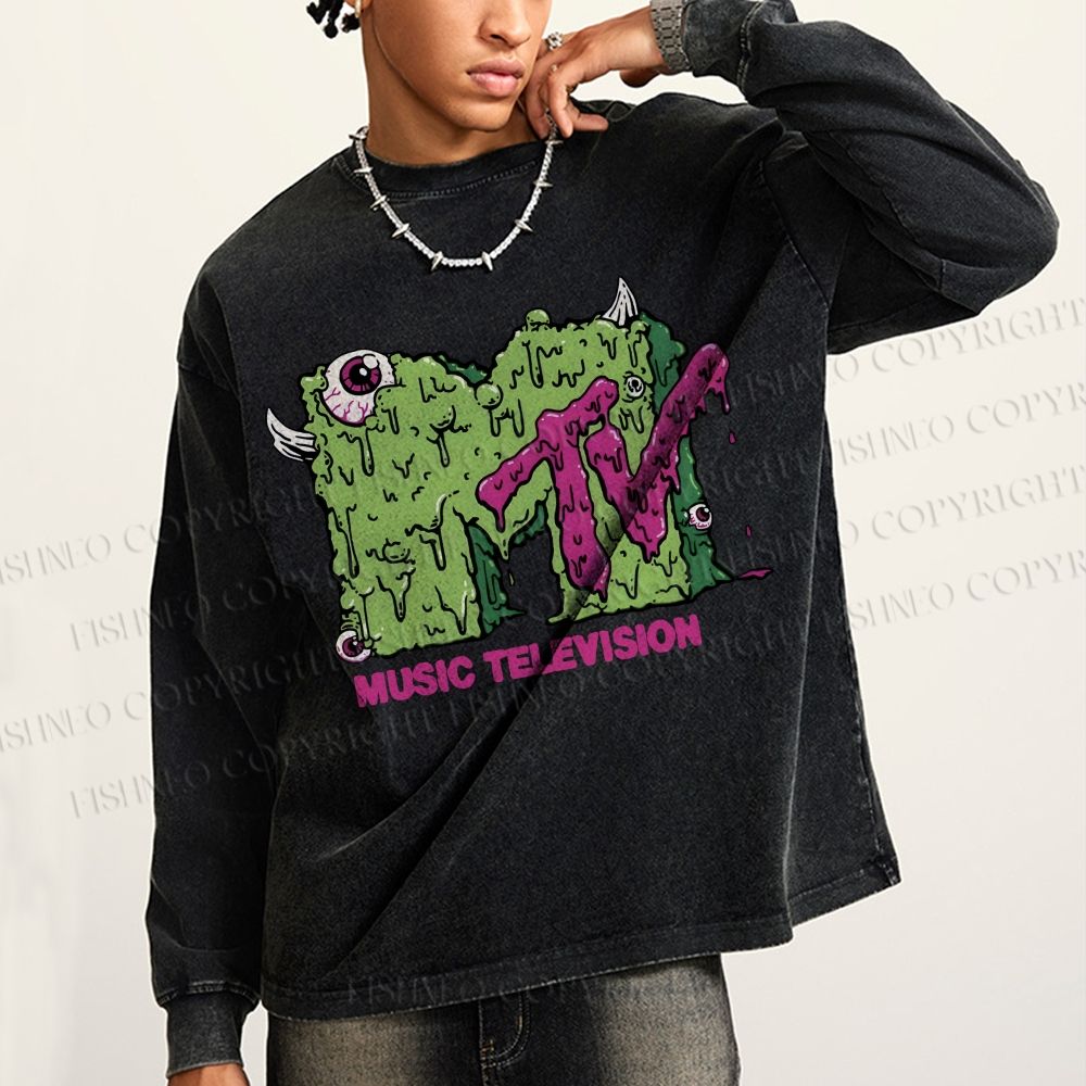 Unisex Casual Washed MUSIC TELEVISION Monster Printed Long Sleeve T-shirt