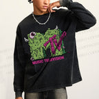 Unisex Casual Washed MUSIC TELEVISION Monster Printed Long Sleeve T-shirt