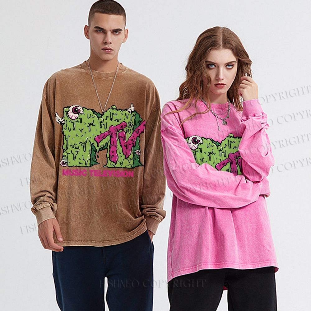 Unisex Casual Washed MUSIC TELEVISION Monster Printed Long Sleeve T-shirt