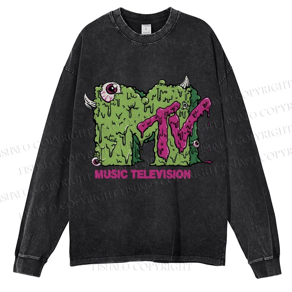 Unisex Casual Washed MUSIC TELEVISION Monster Printed Long Sleeve T-shirt