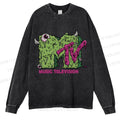 Unisex Casual Washed MUSIC TELEVISION Monster Printed Long Sleeve T-shirt