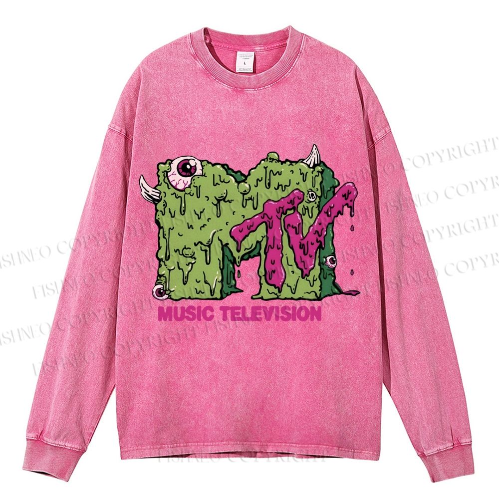 Unisex Casual Washed MUSIC TELEVISION Monster Printed Long Sleeve T-shirt