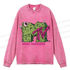 Unisex Casual Washed MUSIC TELEVISION Monster Printed Long Sleeve T-shirt