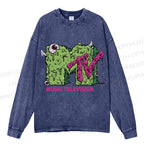 Unisex Casual Washed MUSIC TELEVISION Monster Printed Long Sleeve T-shirt