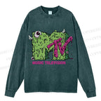 Unisex Casual Washed MUSIC TELEVISION Monster Printed Long Sleeve T-shirt