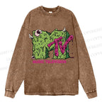 Unisex Casual Washed MUSIC TELEVISION Monster Printed Long Sleeve T-shirt