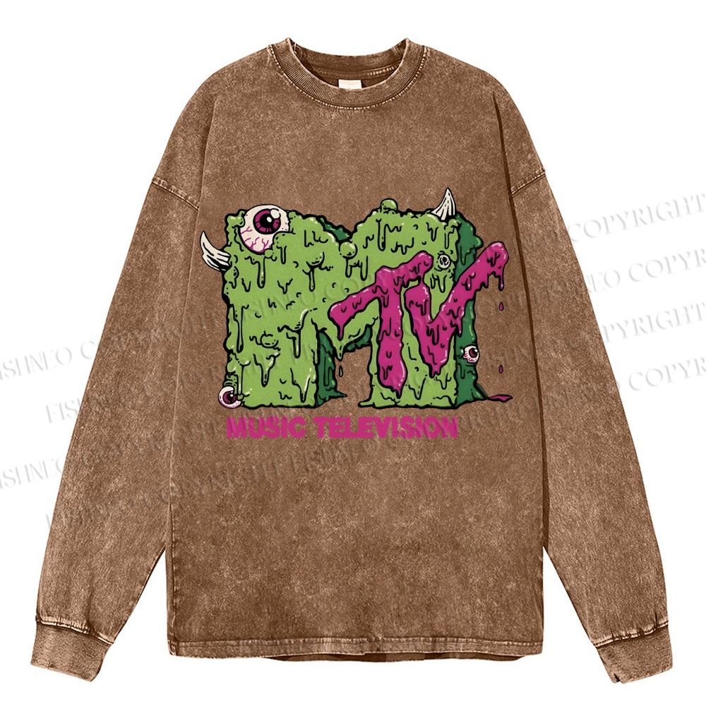 Unisex Casual Washed MUSIC TELEVISION Monster Printed Long Sleeve T-shirt