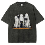 Black Cat Ghost Halloween Washed T-Shirt