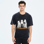 Black Cat Ghost Halloween Washed T-Shirt