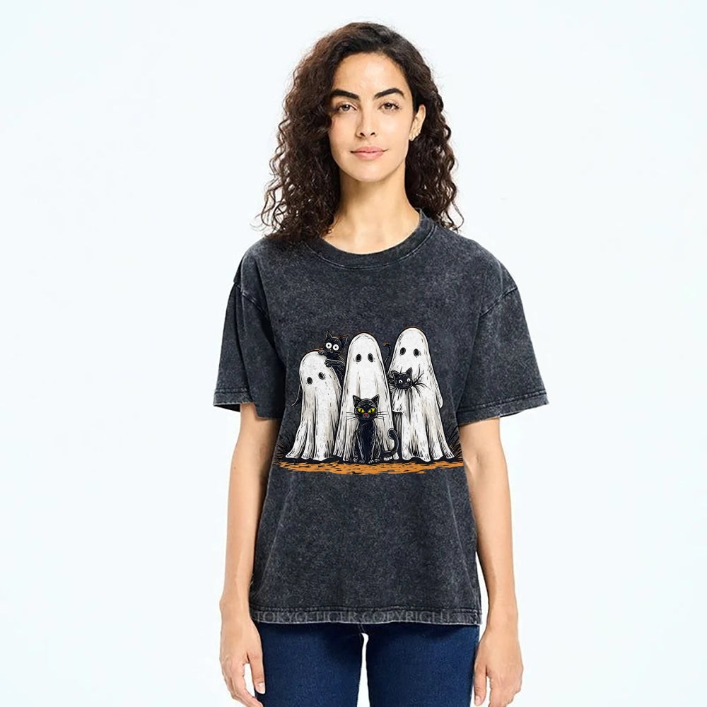 Black Cat Ghost Halloween Washed T-Shirt