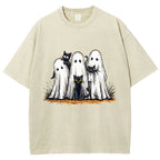 Black Cat Ghost Halloween Washed T-Shirt