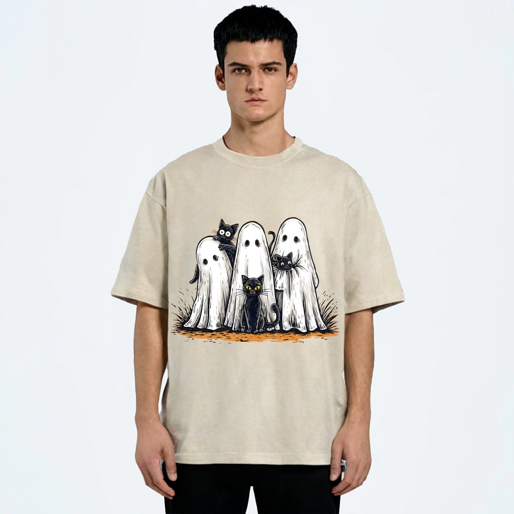 Black Cat Ghost Halloween Washed T-Shirt