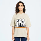 Black Cat Ghost Halloween Washed T-Shirt