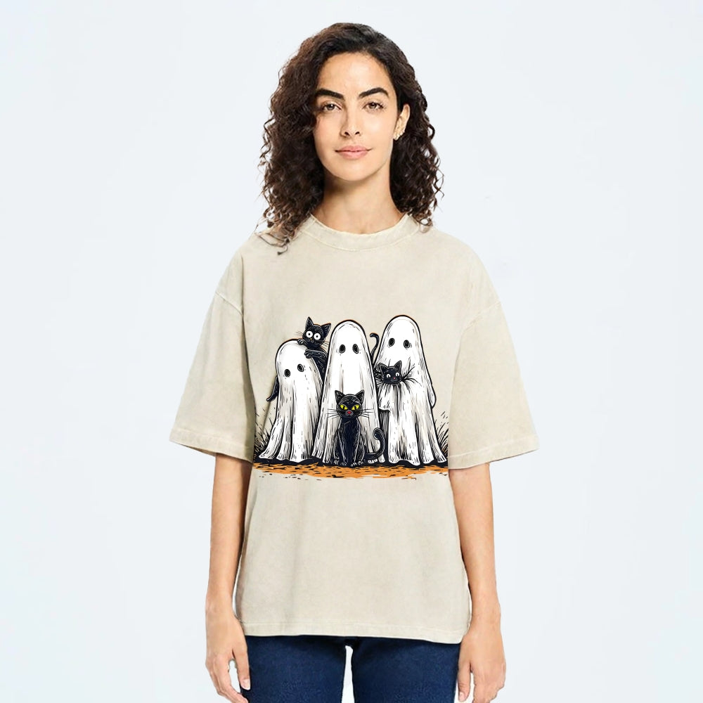 Black Cat Ghost Halloween Washed T-Shirt