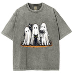 Black Cat Ghost Halloween Washed T-Shirt