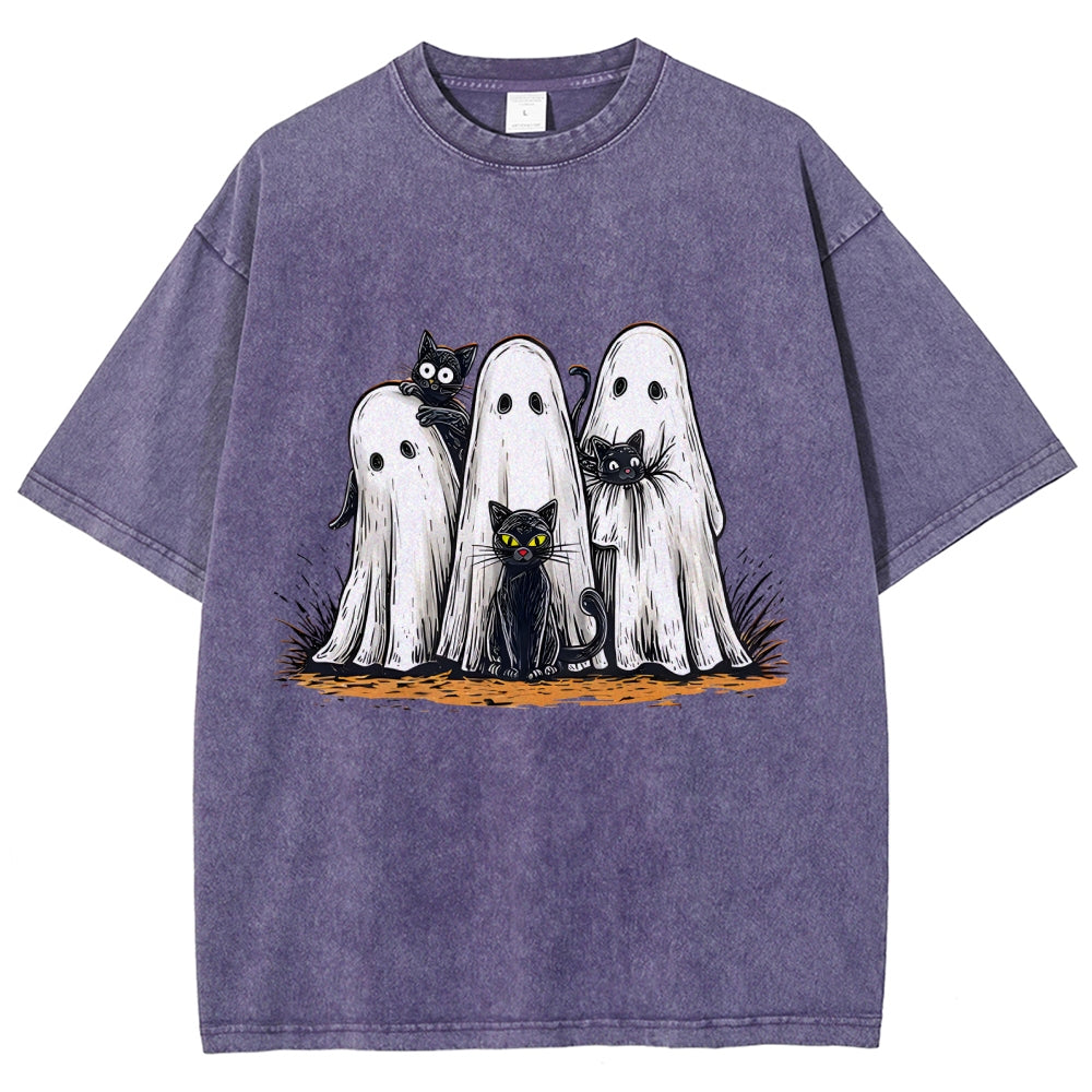 Black Cat Ghost Halloween Washed T-Shirt