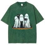 Black Cat Ghost Halloween Washed T-Shirt