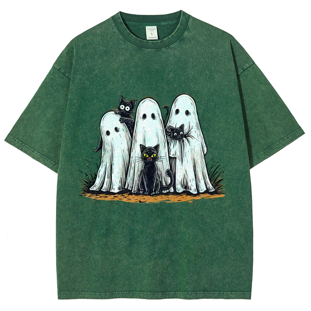 Black Cat Ghost Halloween Washed T-Shirt