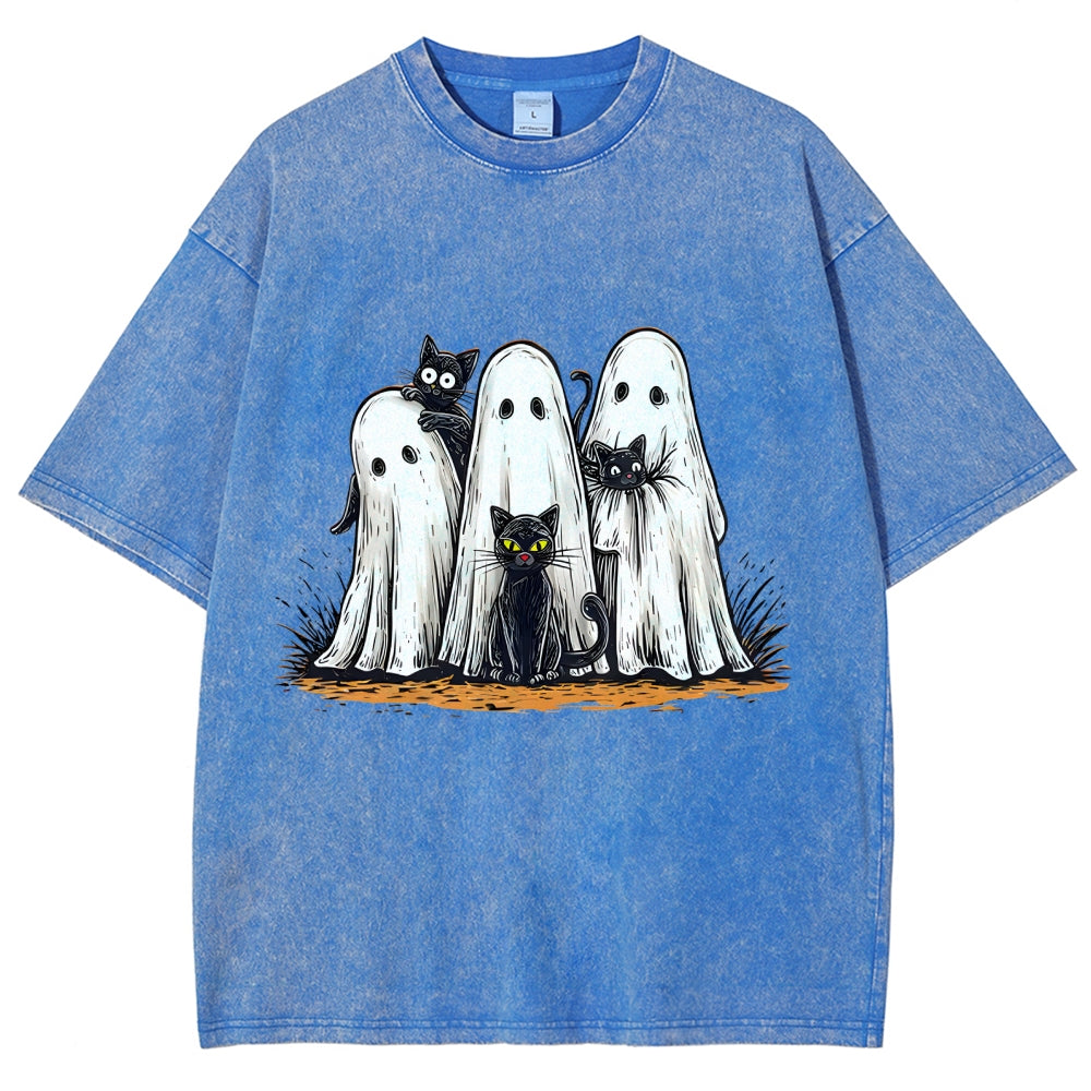 Black Cat Ghost Halloween Washed T-Shirt