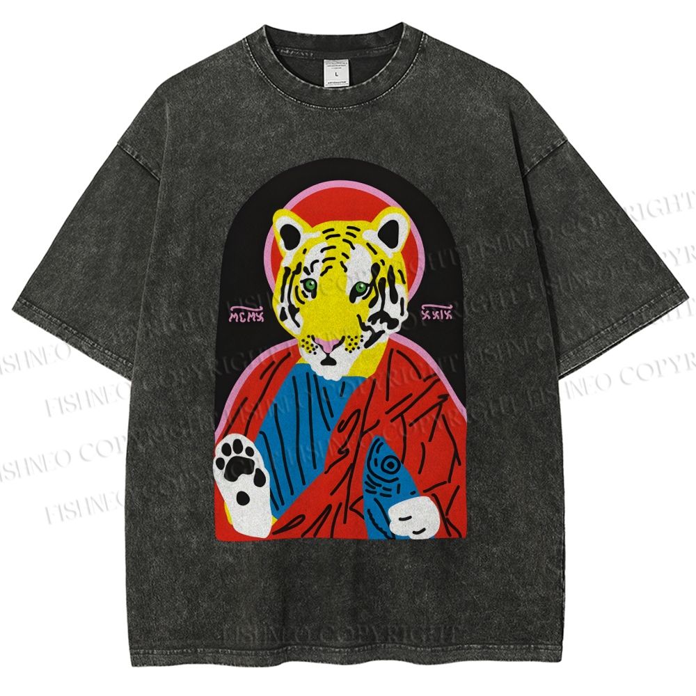 Unisex Jesus Tiger Holding A Sardine Fish Printed Washed Tee