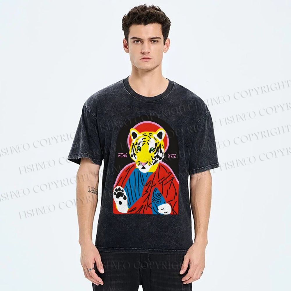 Unisex Jesus Tiger Holding A Sardine Fish Printed Washed Tee