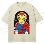 Unisex Jesus Tiger Holding A Sardine Fish Printed Washed Tee