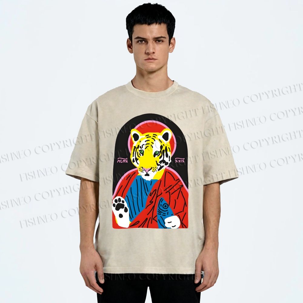 Unisex Jesus Tiger Holding A Sardine Fish Printed Washed Tee