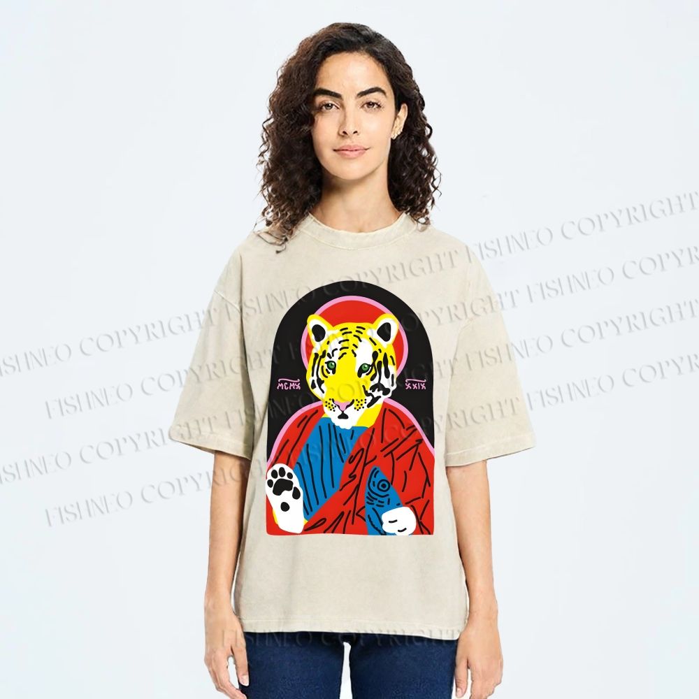 Unisex Jesus Tiger Holding A Sardine Fish Printed Washed Tee