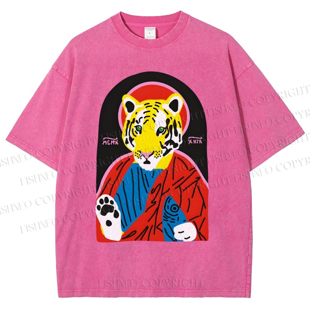 Unisex Jesus Tiger Holding A Sardine Fish Printed Washed Tee