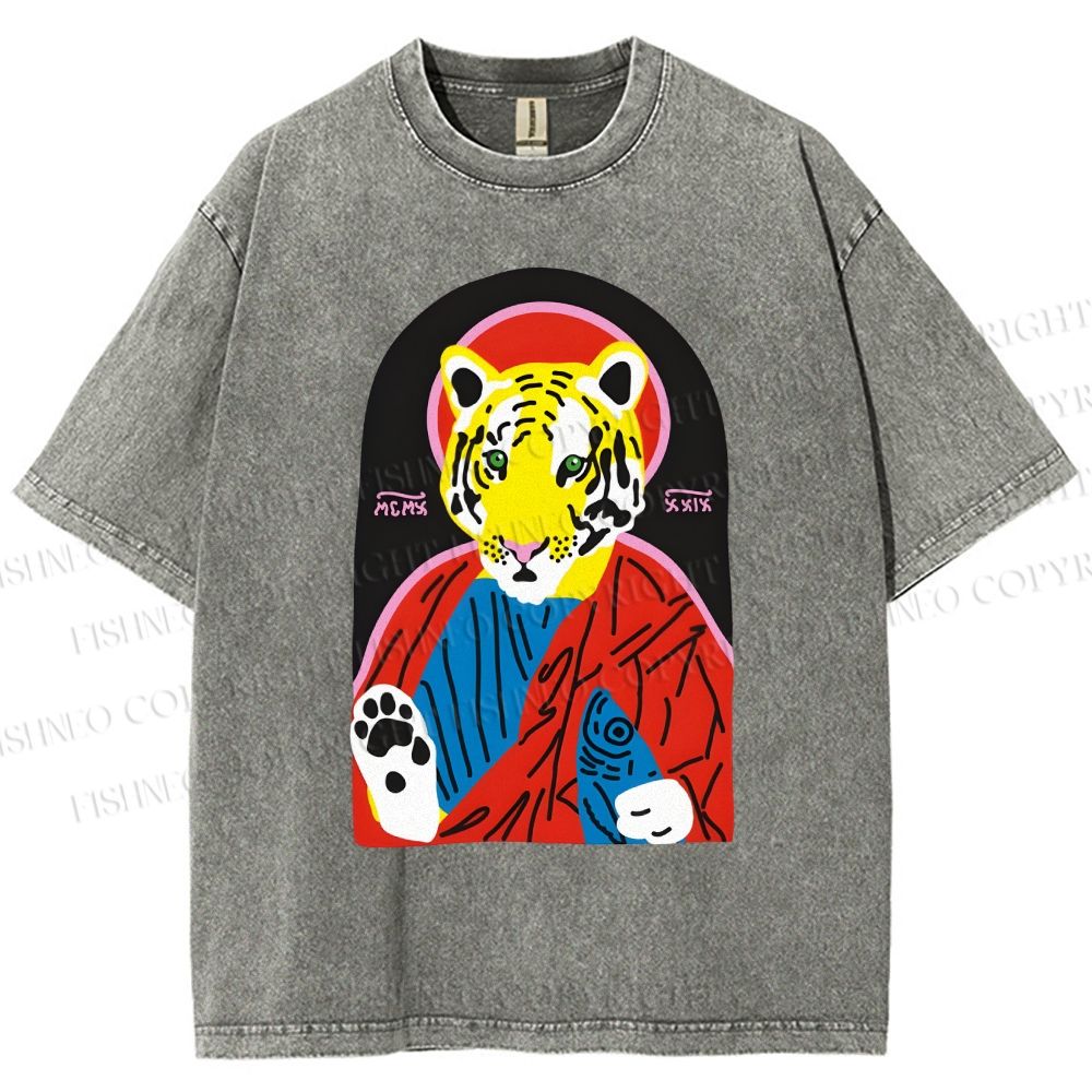 Unisex Jesus Tiger Holding A Sardine Fish Printed Washed Tee