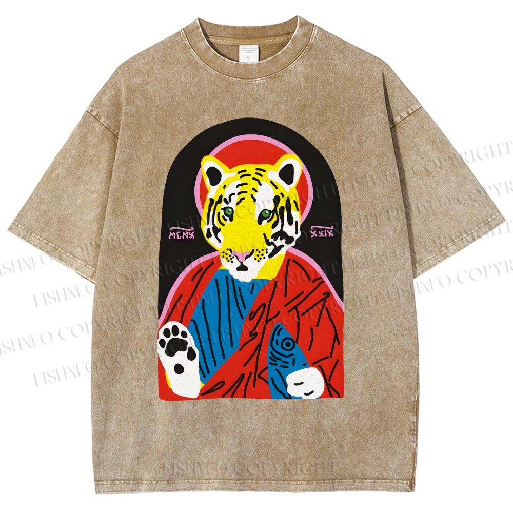 Unisex Jesus Tiger Holding A Sardine Fish Printed Washed Tee