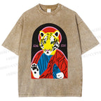 Unisex Jesus Tiger Holding A Sardine Fish Printed Washed Tee